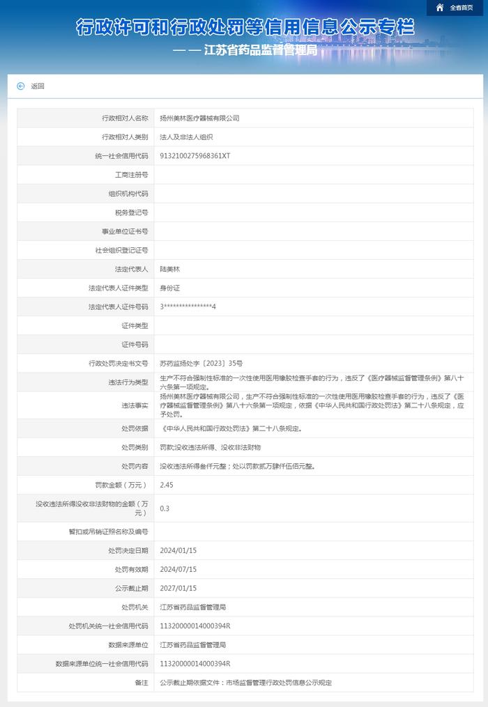 江苏省药品监督管理局对扬州美林医疗器械有限公司作出行政处罚