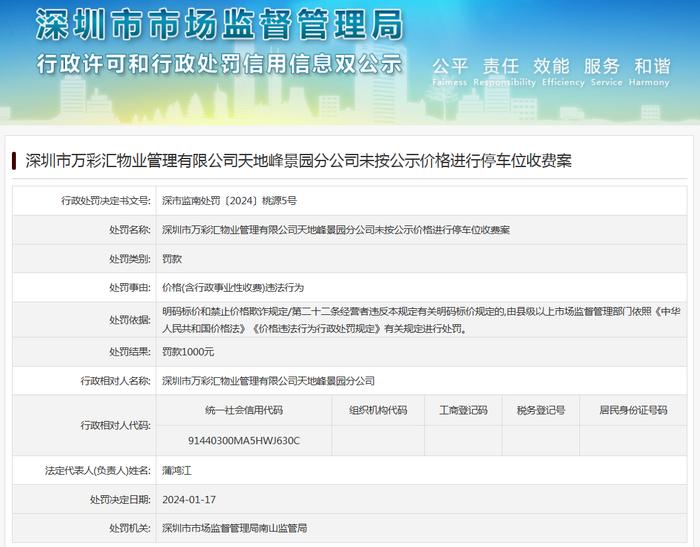 深圳市万彩汇物业管理有限公司天地峰景园分公司未按公示价格进行停车位收费案