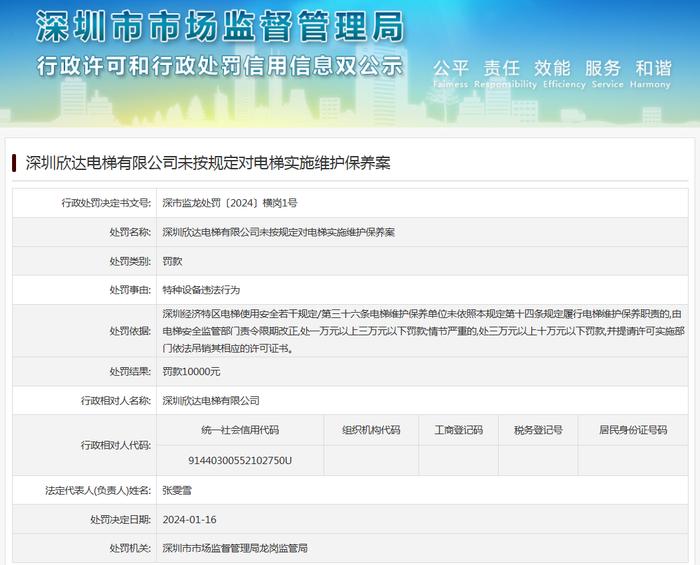 深圳欣达电梯有限公司未按规定对电梯实施维护保养案