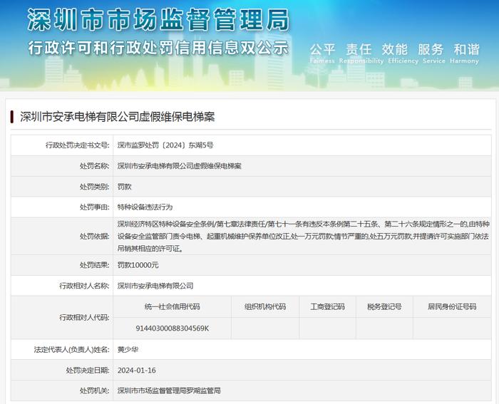 深圳市安承电梯有限公司虚假维保电梯案