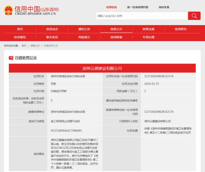山东省滨州市滨城区综合行政执法局对滨州云建建设有限公司作出行政处罚