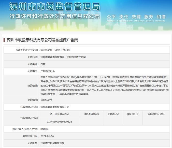 深圳市联盈泰科技有限公司发布虚假广告案