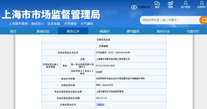 上海星乐电梯设备安装工程有限公司被罚