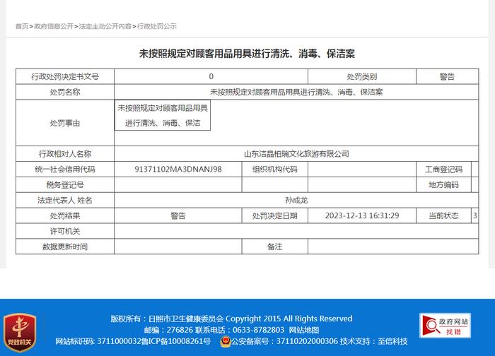 山东洁晶柏瑞文化旅游有限公司未按照规定对顾客用品用具进行清洗、消毒、保洁案