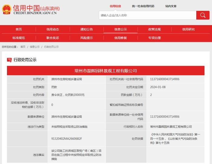 常州市磊辉园林景观工程有限公司被罚款20000元