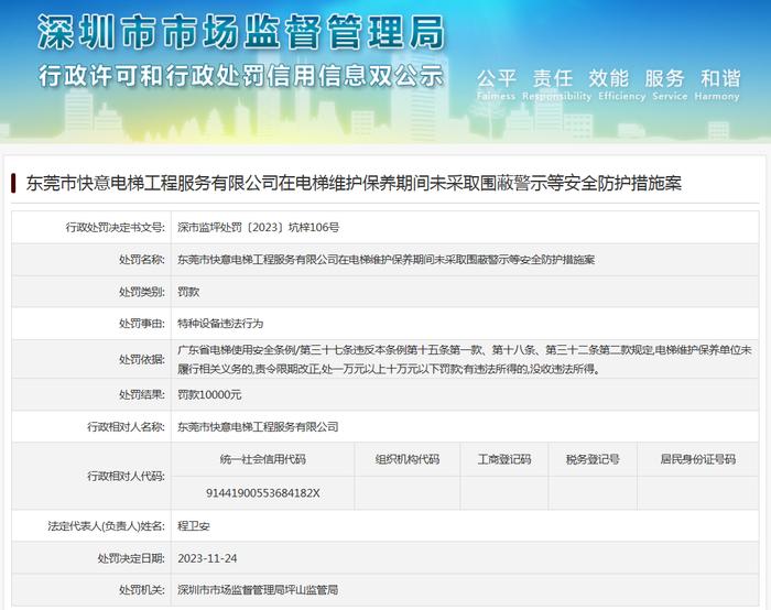 东莞市快意电梯工程服务有限公司在电梯维护保养期间未采取围蔽警示等安全防护措施案