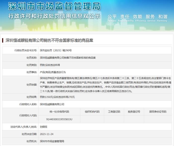 深圳恒诚眼镜有限公司销售不符合国家标准的商品案