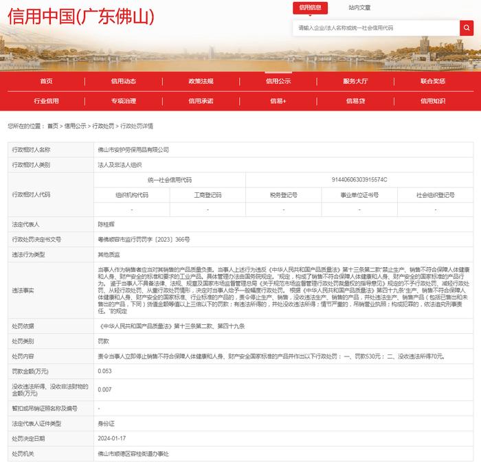 佛山市安护劳保用品有限公司销售不合格的产品案