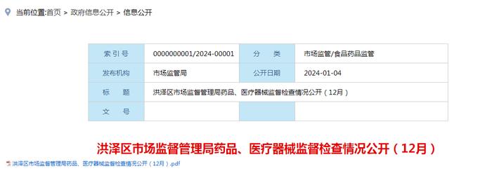 【江苏省淮安市】洪泽区市场监督管理局药品、医疗器械监督检查情况公开（2023年12月）