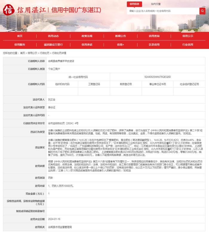 【广东湛江】徐闻县市场监管局对徐闻县曲界镇芊芊农资店作出行政处罚