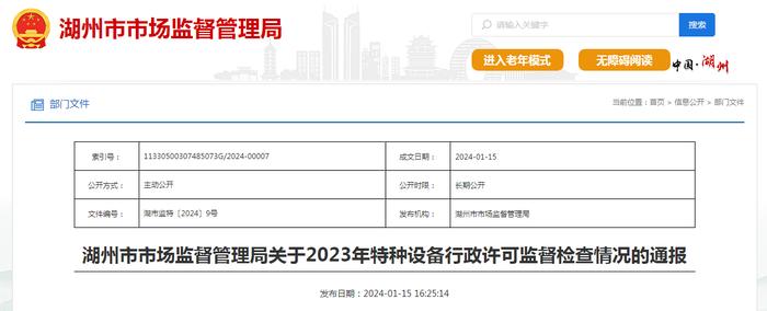 浙江省湖州市市场监督管理局关于2023年特种设备行政许可监督检查情况的通报