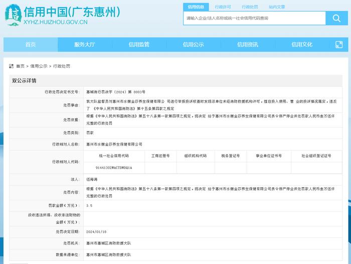 广东省惠州市惠城区消防救援大队对惠州市水榭金莎养生保健有限公司作出行政处罚