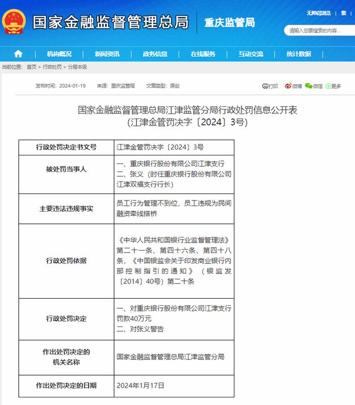 重庆银行合规存短板：因违规为民间融资牵线搭桥被监管处罚