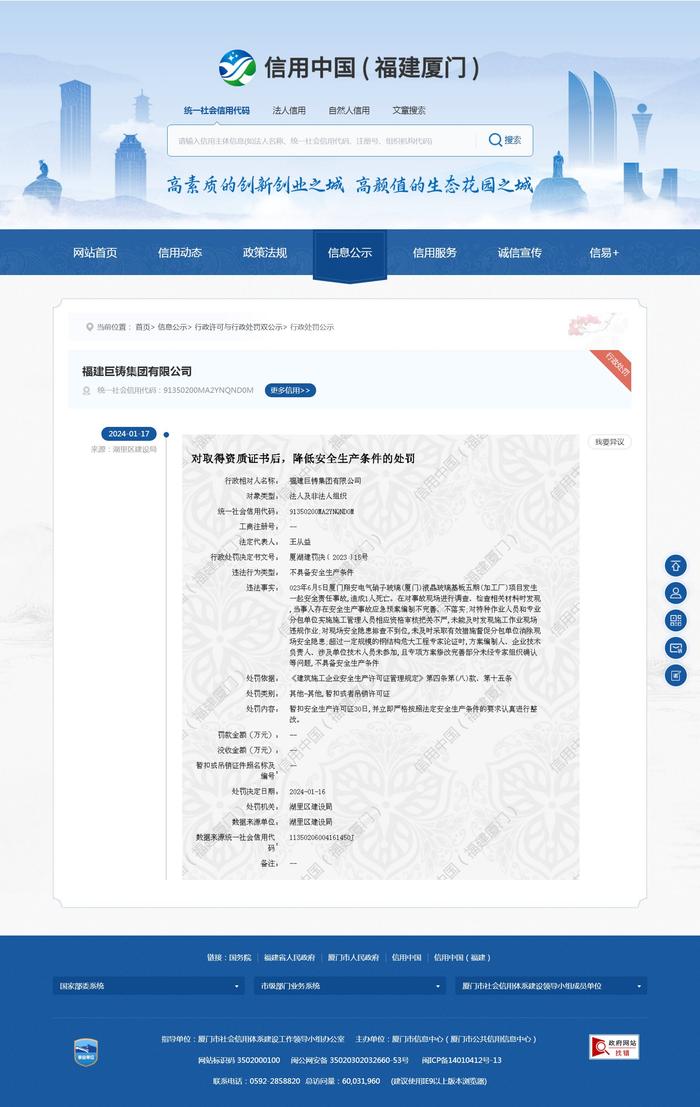 福建巨铸集团有限公司被暂扣安全生产许可证30日