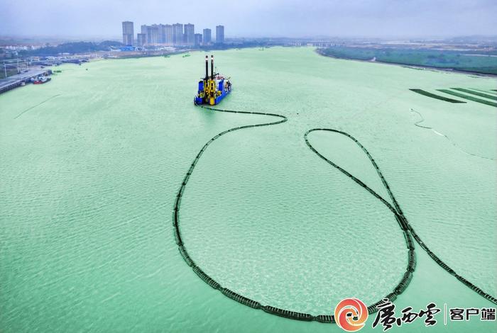 中国自主建造的首艘超大型自航绞吸船“天鲸号”现身平陆运河航道施工