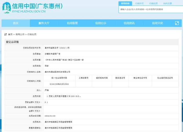 广东省惠州仲恺高新区市场监督管理局对惠州市源创医药科技有限公司作出行政处罚