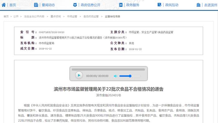 【山东】滨州市市场监督管理局关于22批次食品不合格情况的通告 滨市食抽202401号