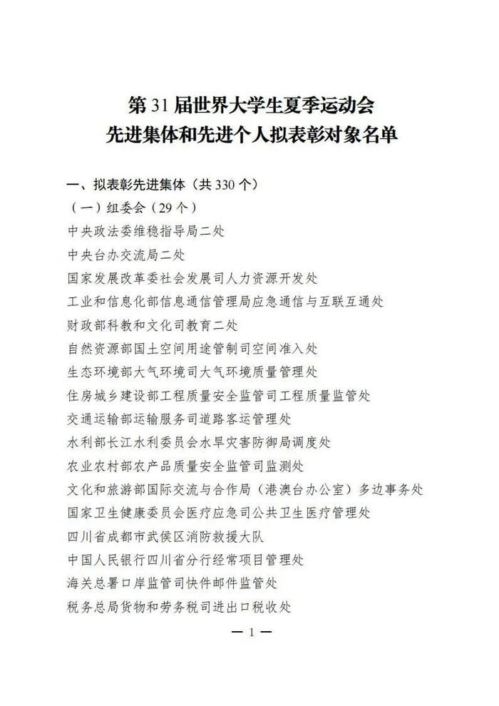 公示！这些集体和个人在成都大运会申办、筹备、举办工作中作出突出贡献 拟获表彰