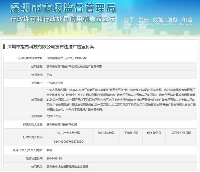深圳市指昂科技有限公司发布违法广告宣传案