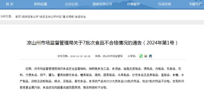 四川省凉山州市场监督管理局关于7批次食品不合格情况的通告（2024年第1号）