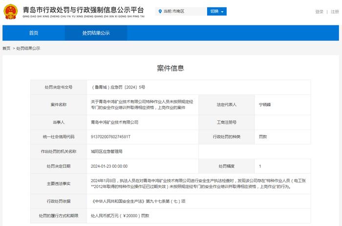 关于青岛中鸿矿业技术有限公司特种作业人员未按照规定经专门的安全作业培训并取得相应资格，上岗作业的案件