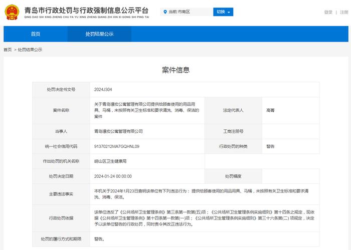 关于青岛璟宏公寓管理有限公司的处罚案件
