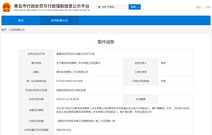 关于青岛宏信德商二手车有限公司的处罚案件