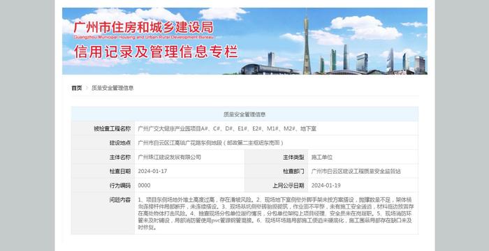 广州珠江建设发展有限公司工地存在多项问题被公示