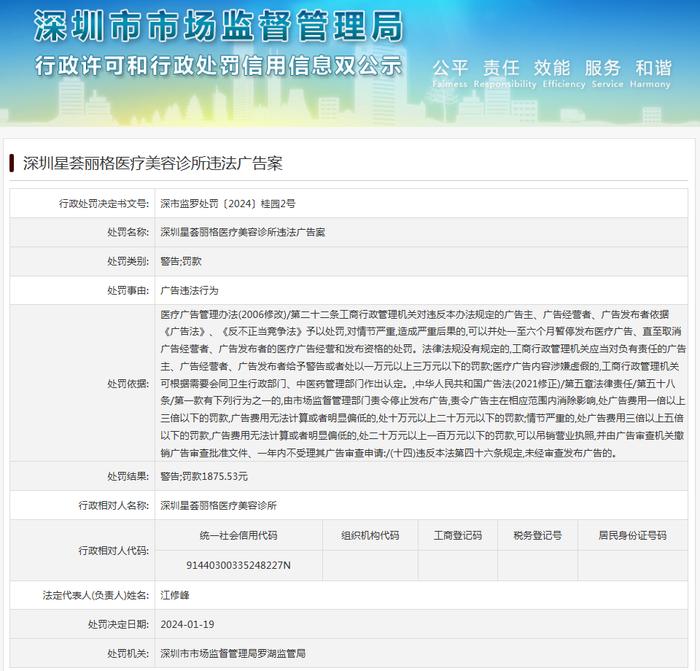 深圳星荟丽格医疗美容诊所违法广告案