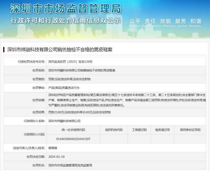 深圳市祥融科技有限公司销售抽检不合格的男皮鞋案