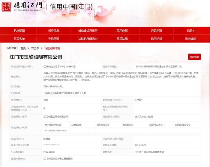 江门市玉欣照明有限公司生产、销售不合格的工业产品案