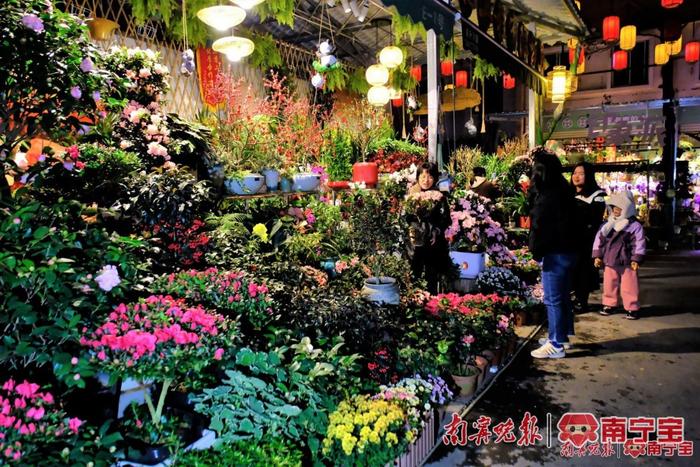 高清图：夜光花市灯光璀璨 赏花买花年味十足