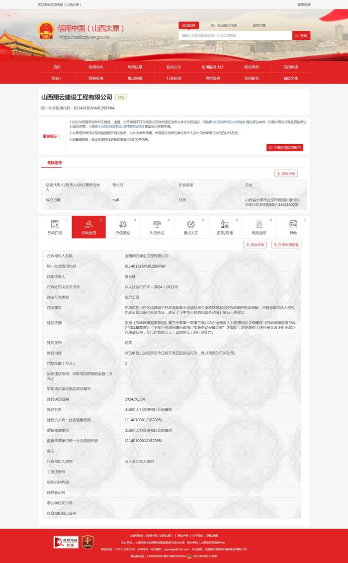 山西翔云建设工程有限公司被罚2万元