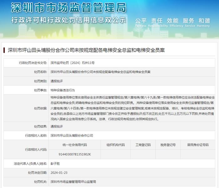 深圳市坪山田头埔股份合作公司未按规定配备电梯安全总监和电梯安全员案