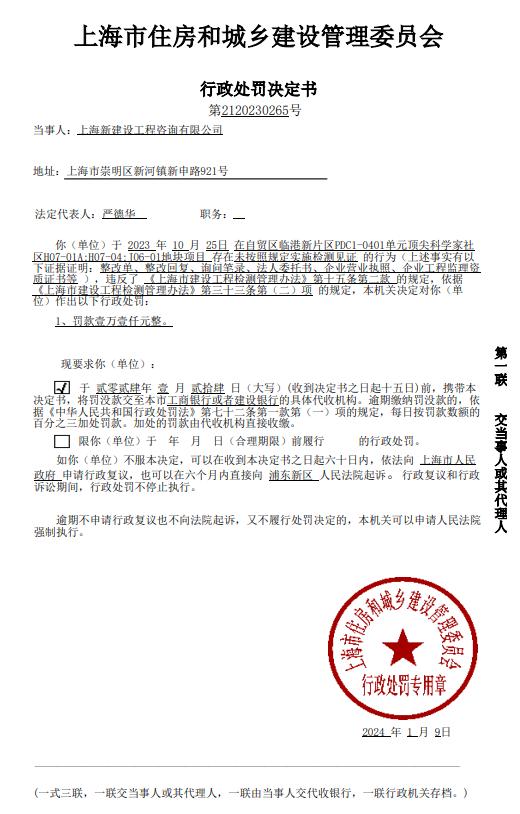对上海新建设工程咨询有限公司的行政处罚决定书