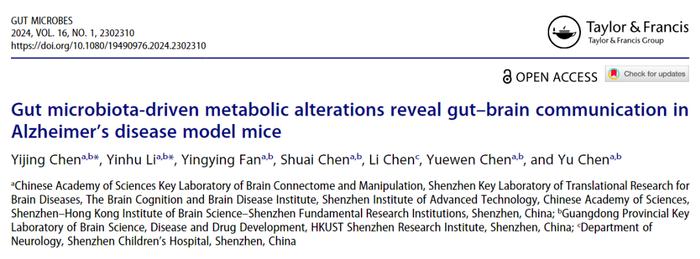 GUT MICROBES丨中国科学院深圳先进院陈宇团队揭示阿尔茨海默症中肠道菌群驱动的外周-中枢代谢调控机制