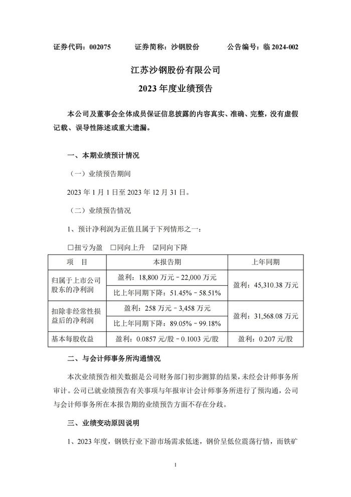 江苏沙钢发布2023年度业绩预告 利润或达2.2亿元