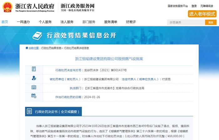 浙江恒瑜建设集团有限公司毁损燃气设施案