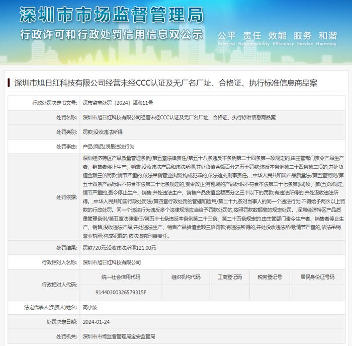 深圳市旭日红科技有限公司经营未经CCC认证及无厂名厂址、合格证、执行标准信息商品案