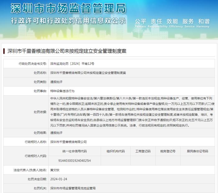 深圳市千里香粮油有限公司未按规定建立安全管理制度案