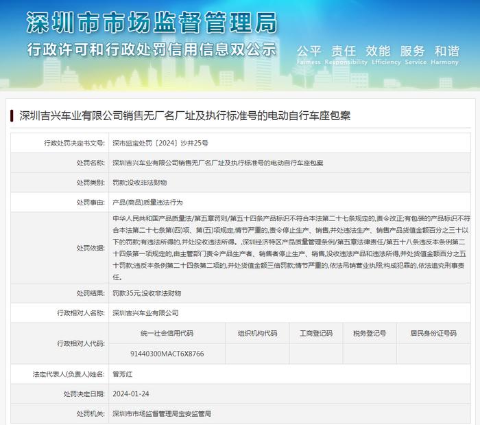 深圳吉兴车业有限公司销售无厂名厂址及执行标准号的电动自行车座包案
