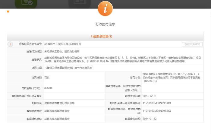 未经竣工验收擅自交付使用  成都城投置地集团有限公司被罚8.87万元