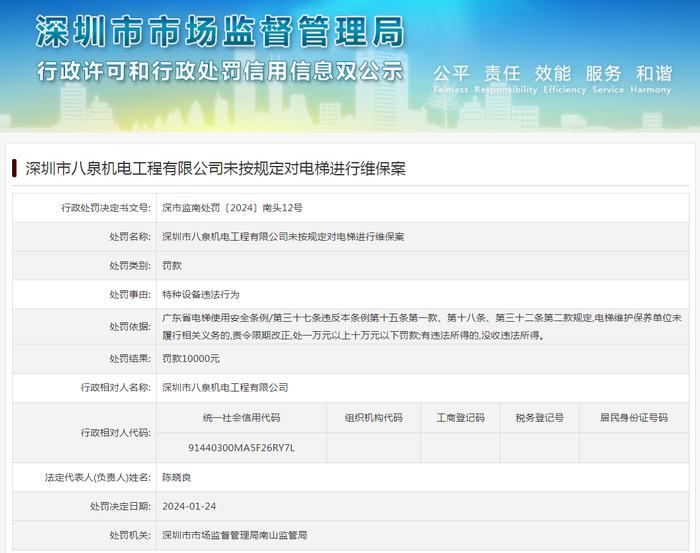 深圳市八泉机电工程有限公司未按规定对电梯进行维保案