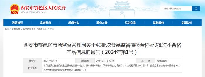 西安市鄠邑区市场监管局发布40批次食品监督抽检合格信息（2024年第1号）