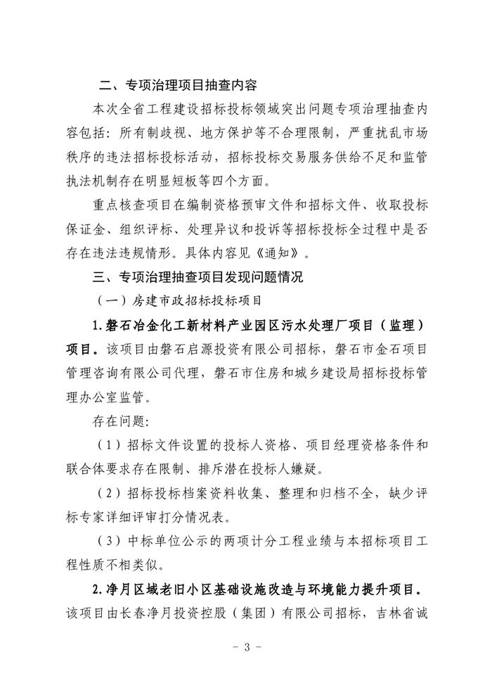 关于全省工程建设招标投标领域突出问题专项治理情况的通报（吉政数联〔2023〕12号）