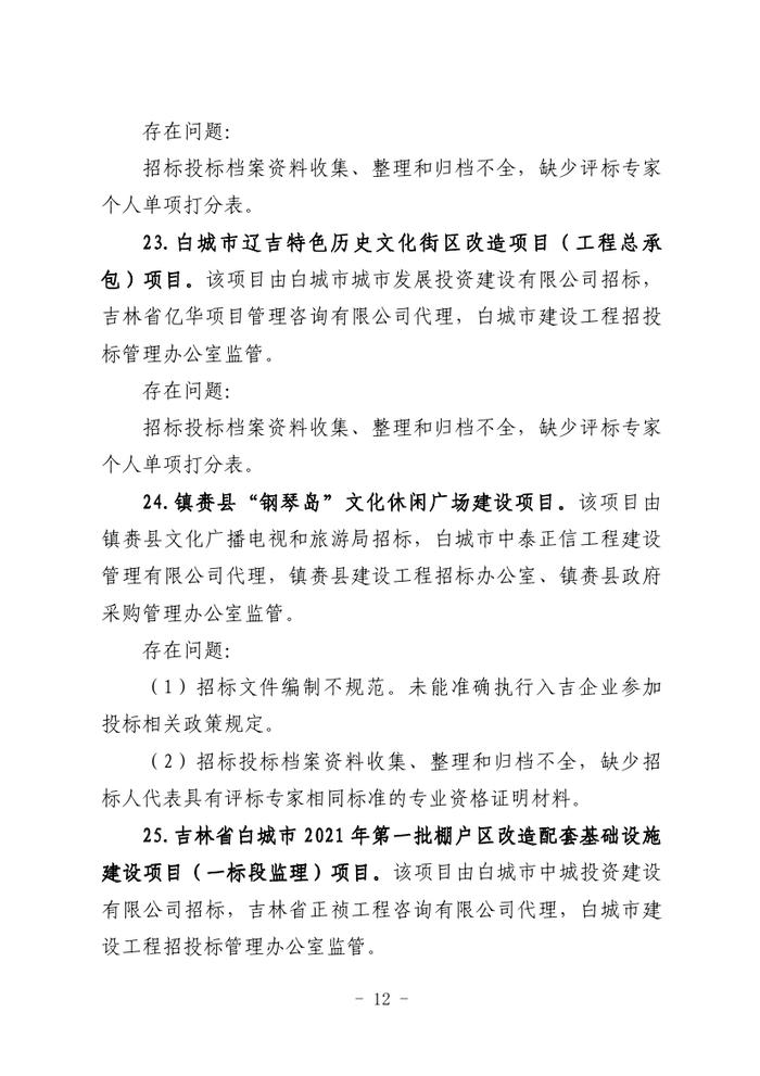 关于全省工程建设招标投标领域突出问题专项治理情况的通报（吉政数联〔2023〕12号）