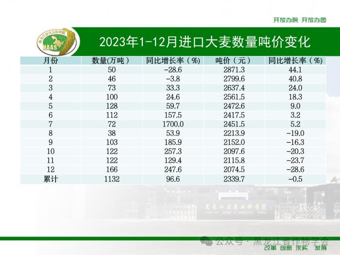 2023年1-12月我国进口粮食数量、吨价、主要来源国情况