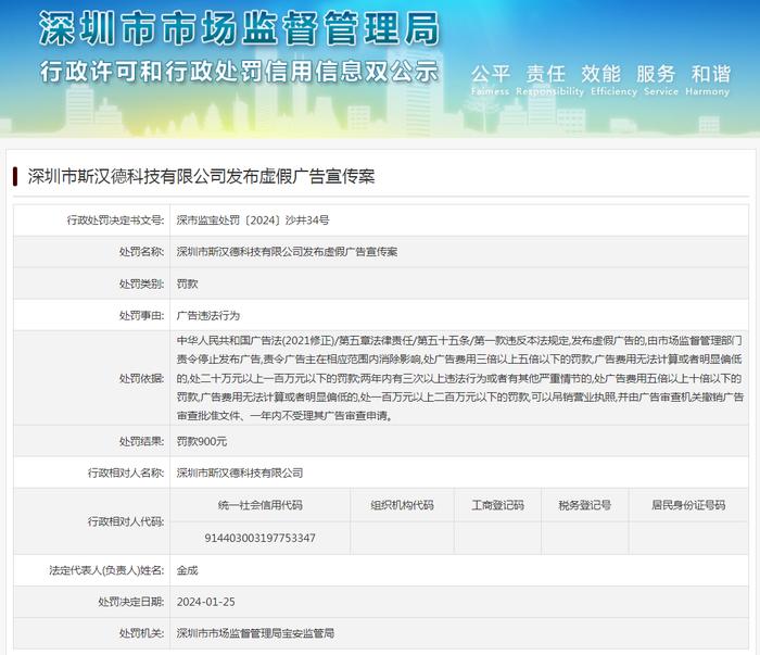 深圳市斯汉德科技有限公司发布虚假广告宣传案