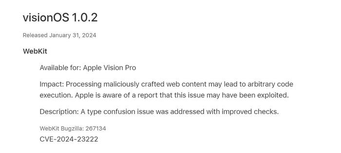 Vision Pro 头显能被入侵执行任意代码，苹果发布 1.0.2 更新：修复 WebKit 漏洞