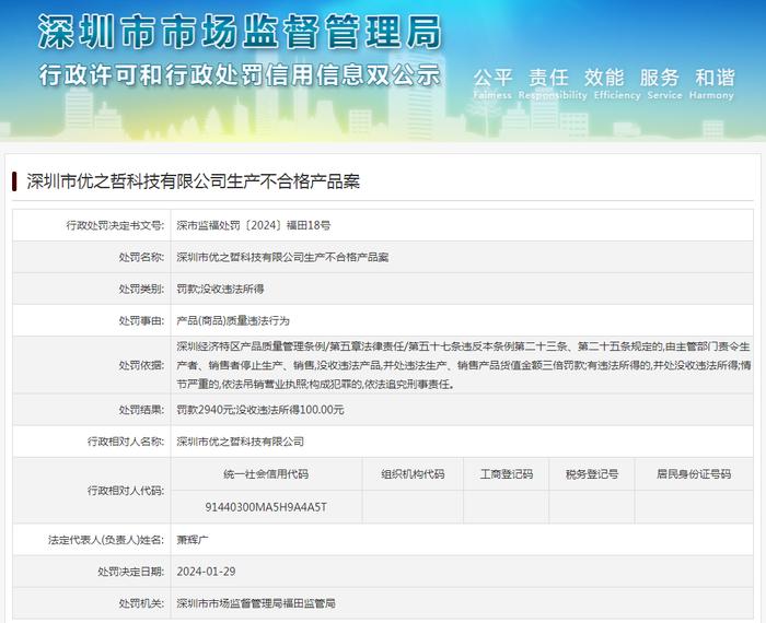 深圳市优之哲科技有限公司生产不合格产品案